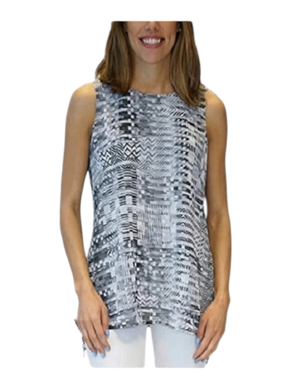 Fever Printed Sleeveless Tank Top - Gray Black & White Women Medium